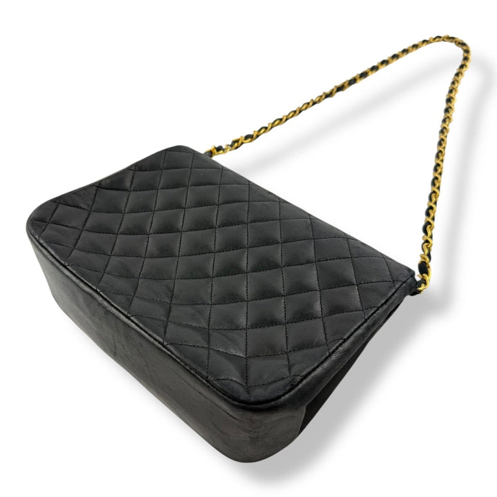 Chanel Push Lock Black Lambskin Leather Shoulder Vintage Handbag - Lux Central