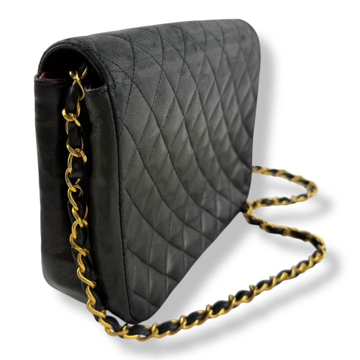 Chanel Push Lock Black Lambskin Leather Shoulder Vintage Handbag - Lux Central
