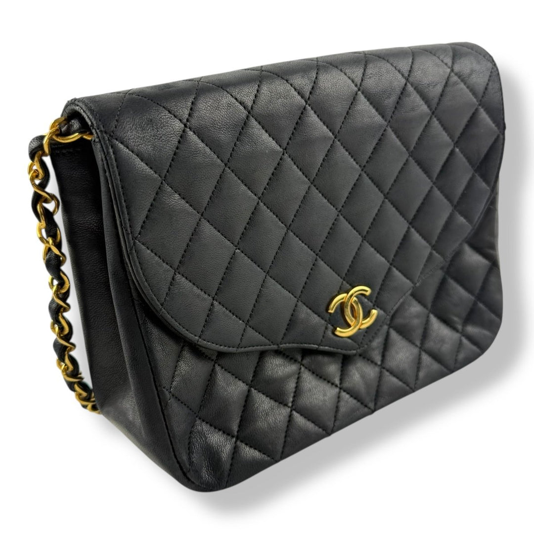 Chanel Push Lock Black Lambskin Leather Shoulder Vintage Handbag - Lux Central