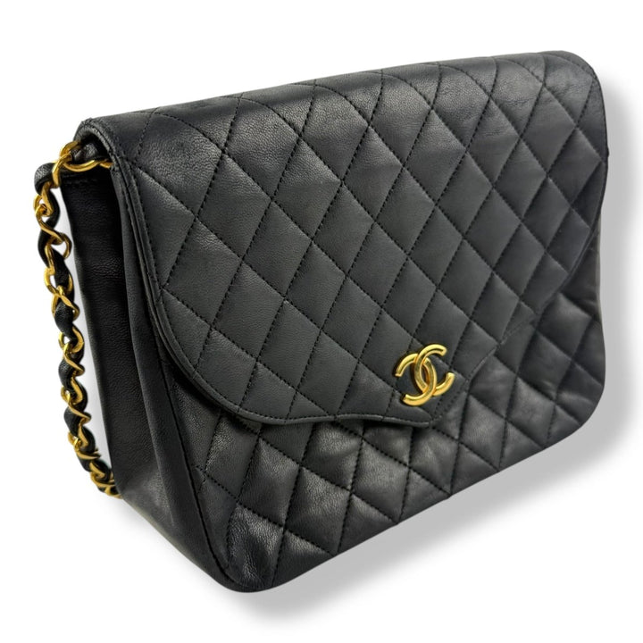 Chanel Push Lock Black Lambskin Leather Shoulder Vintage Handbag - Lux Central