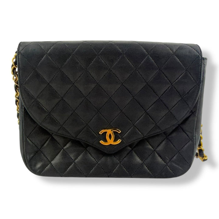 Chanel Push Lock Black Lambskin Leather Shoulder Vintage Handbag - Lux Central