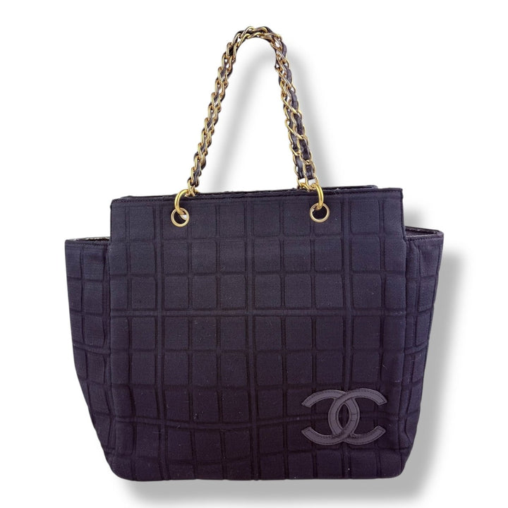 Chanel Quilted Cotton Black Chocolate Bar Tote Handbag - Lux Central