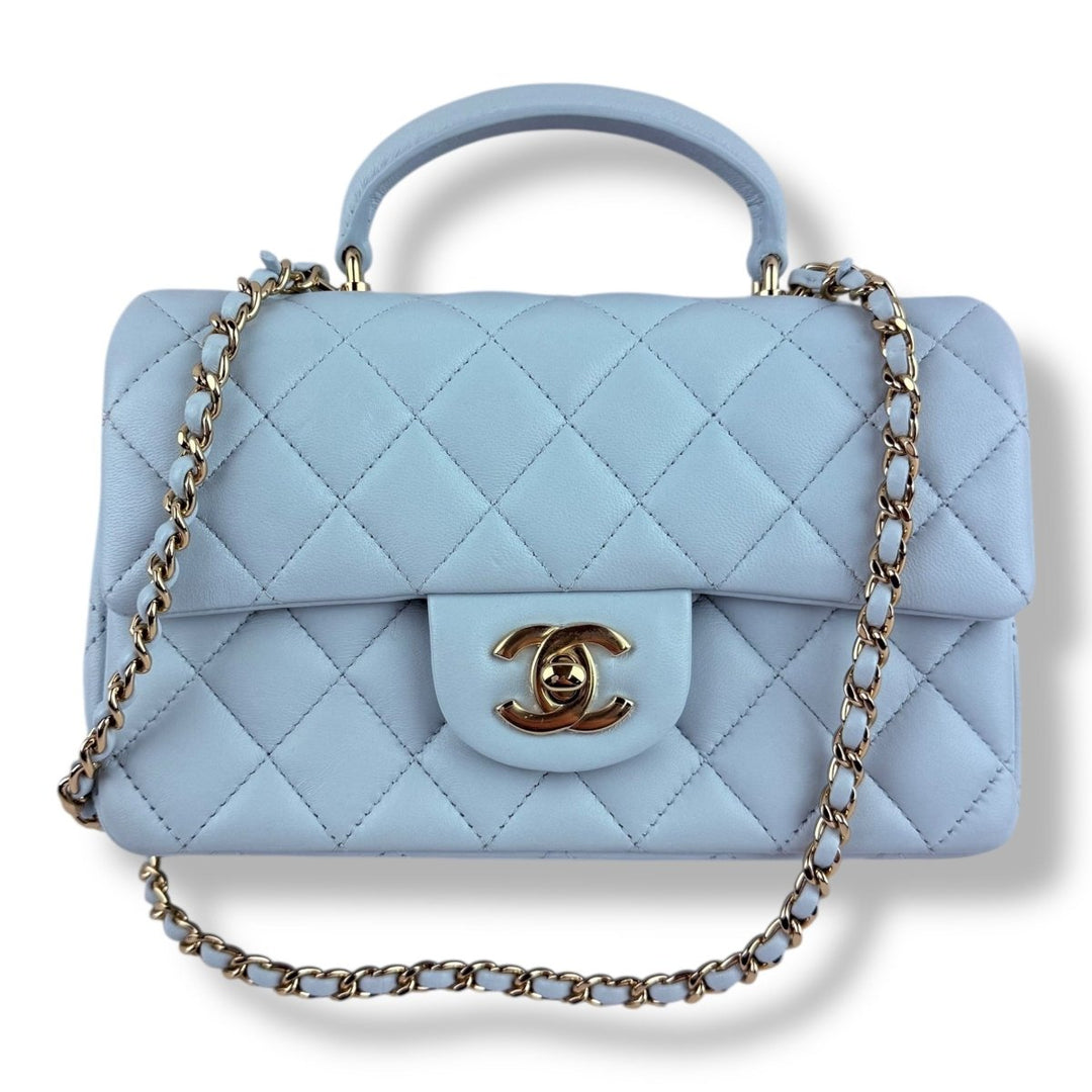 Chanel Timeless Mini Classic Top Handle Blue Lambskin Handbag - Lux Central