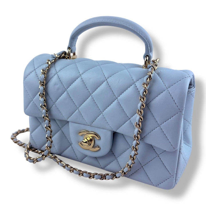 Chanel Timeless Mini Classic Top Handle Blue Lambskin Handbag - Lux Central