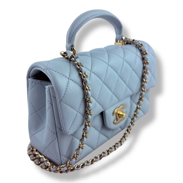 Chanel Timeless Mini Classic Top Handle Blue Lambskin Handbag - Lux Central