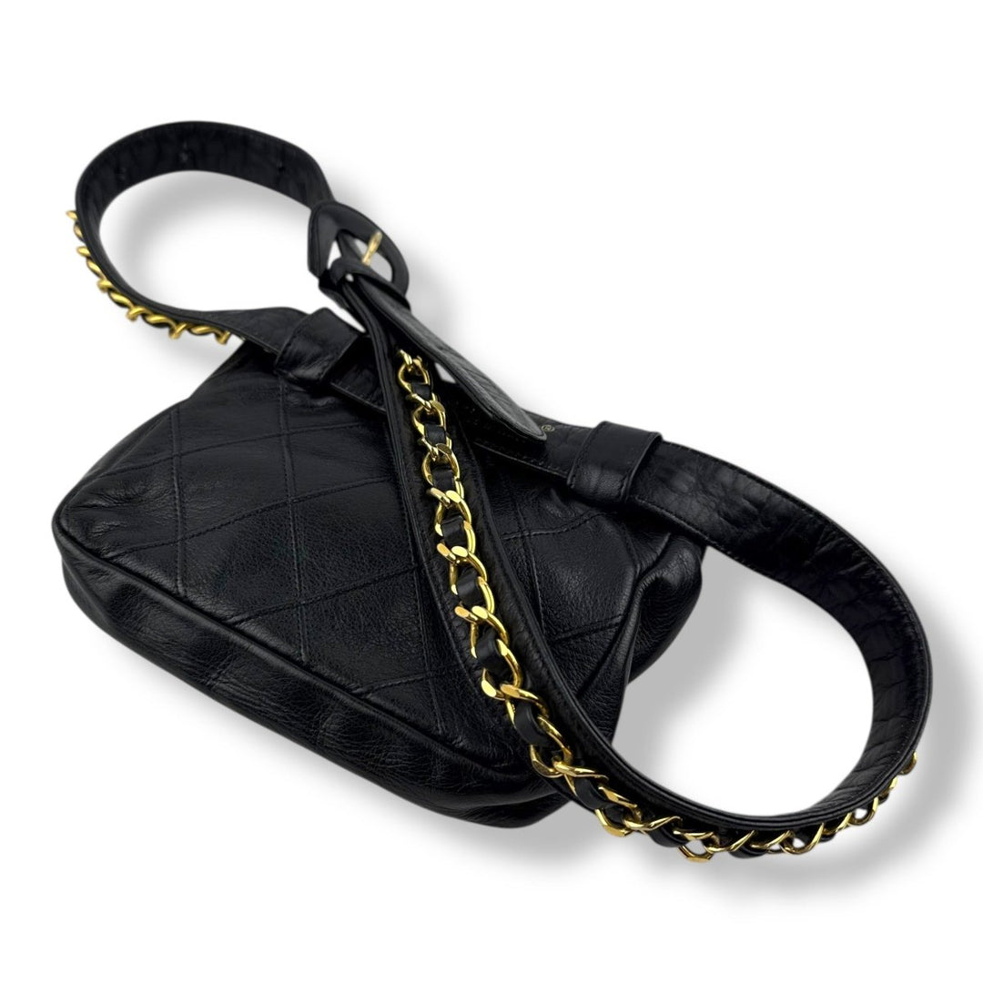 Chanel Vintage Single Flap Black Turn Lock Belt Bag - Lux Central