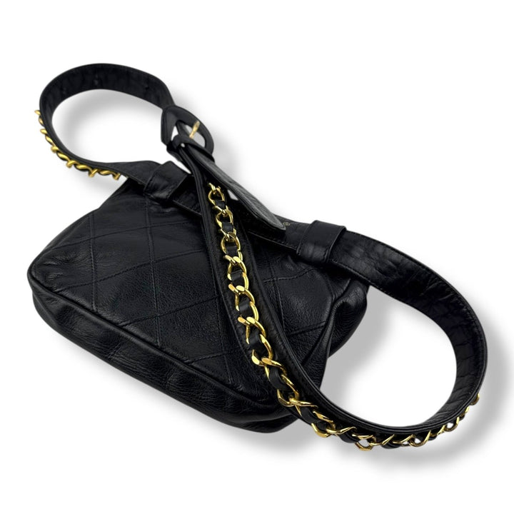Chanel Vintage Single Flap Black Turn Lock Belt Bag - Lux Central