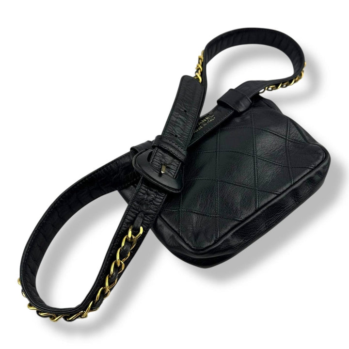 Chanel Vintage Single Flap Black Turn Lock Belt Bag - Lux Central