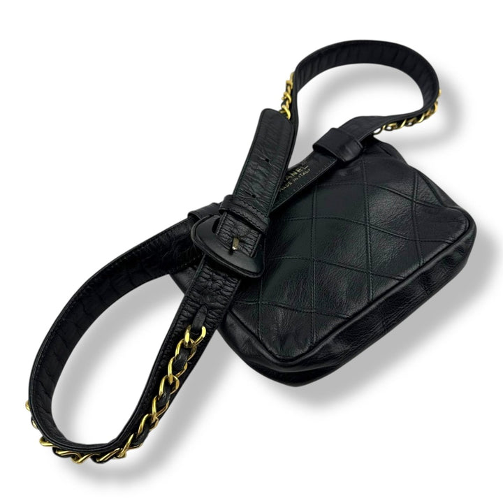 Chanel Vintage Single Flap Black Turn Lock Belt Bag - Lux Central