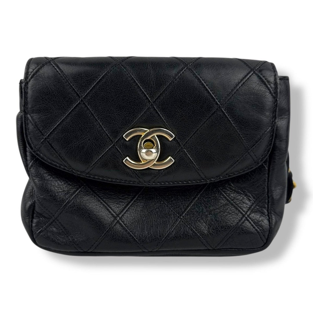 Chanel Vintage Single Flap Black Turn Lock Belt Bag - Lux Central