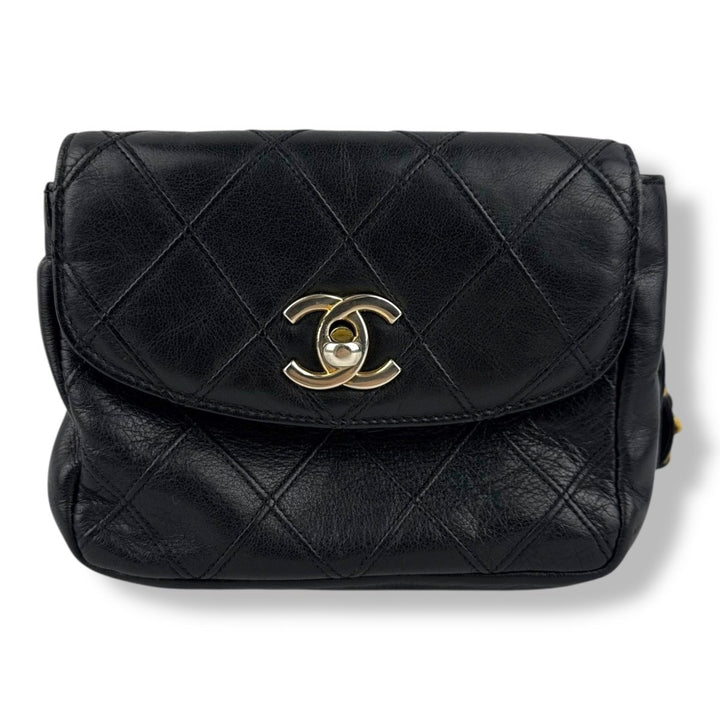 Chanel Vintage Single Flap Black Turn Lock Belt Bag - Lux Central