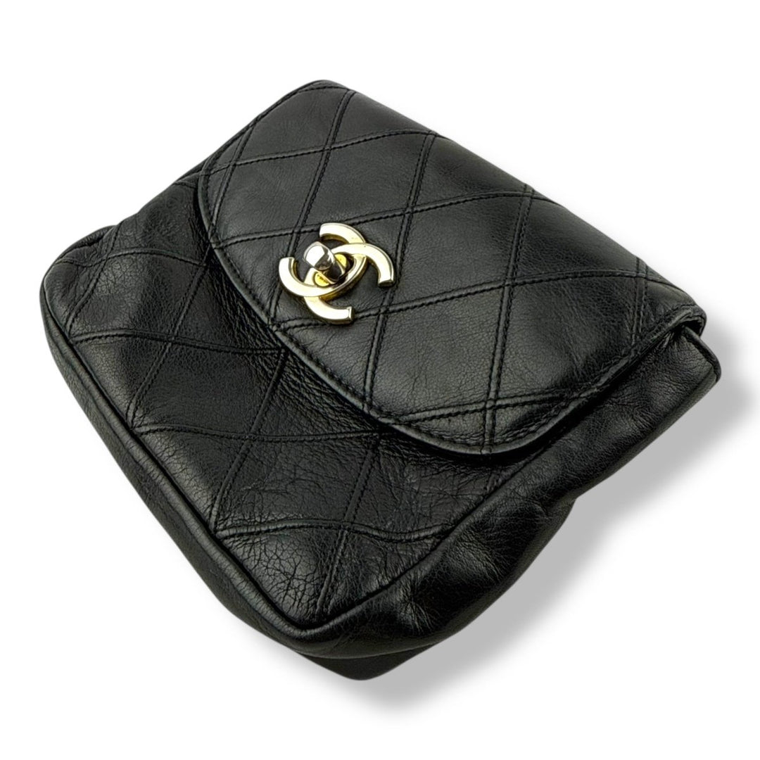 Chanel Vintage Single Flap Black Turn Lock Belt Bag - Lux Central