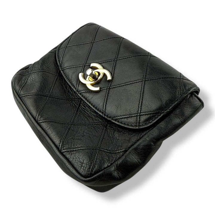 Chanel Vintage Single Flap Black Turn Lock Belt Bag - Lux Central