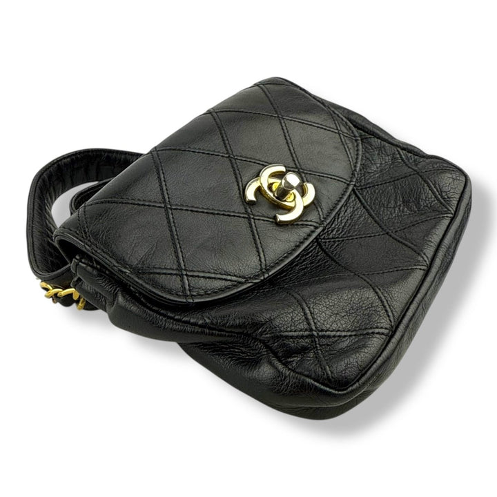 Chanel Vintage Single Flap Black Turn Lock Belt Bag - Lux Central