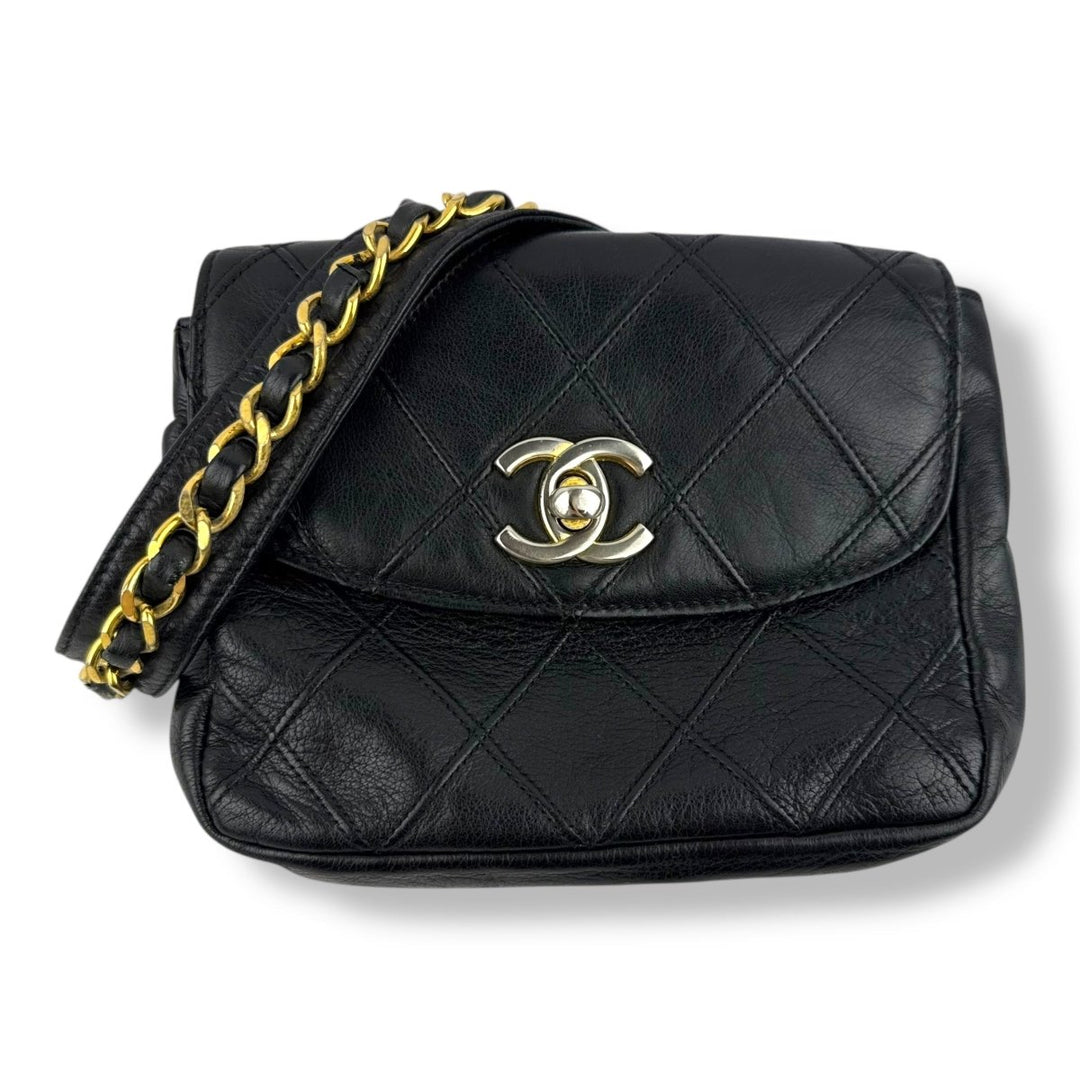 Chanel Vintage Single Flap Black Turn Lock Belt Bag - Lux Central