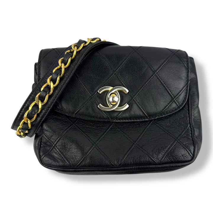 Chanel Vintage Single Flap Black Turn Lock Belt Bag - Lux Central