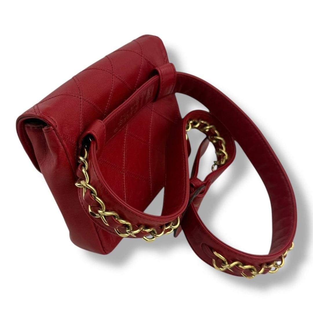 Chanel Vintage Single Flap Red Turn Lock Belt Bag - Lux Central
