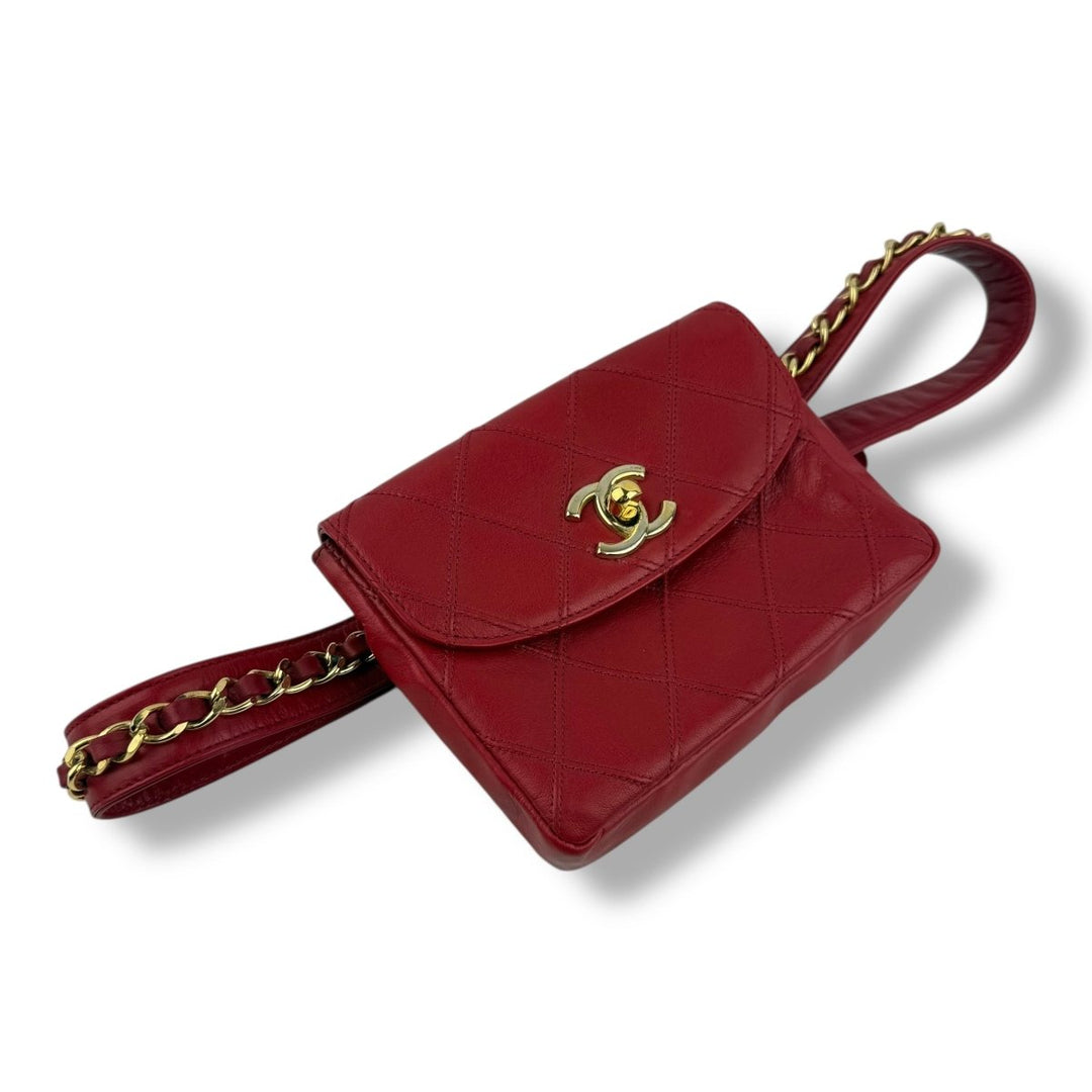 Chanel Vintage Single Flap Red Turn Lock Belt Bag - Lux Central