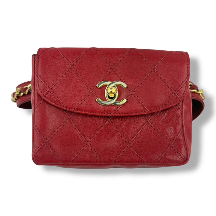 Chanel Vintage Single Flap Red Turn Lock Belt Bag - Lux Central