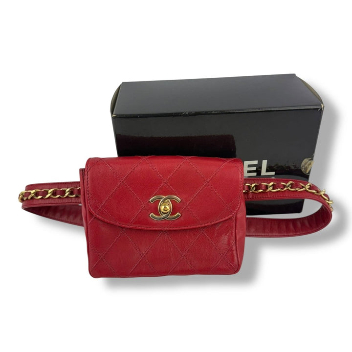 Chanel Vintage Single Flap Red Turn Lock Belt Bag - Lux Central