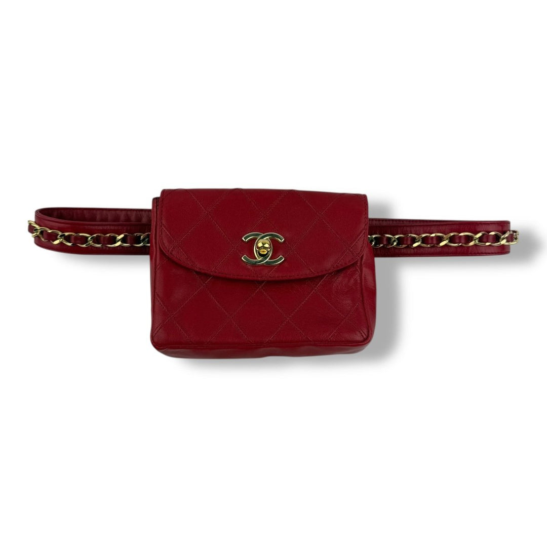 Chanel Vintage Single Flap Red Turn Lock Belt Bag - Lux Central