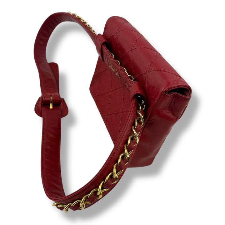 Chanel Vintage Single Flap Red Turn Lock Belt Bag - Lux Central