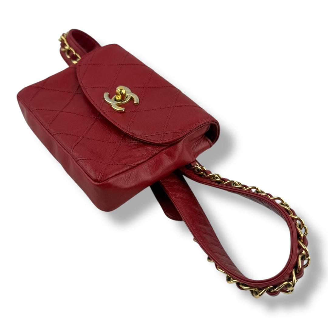 Chanel Vintage Single Flap Red Turn Lock Belt Bag - Lux Central