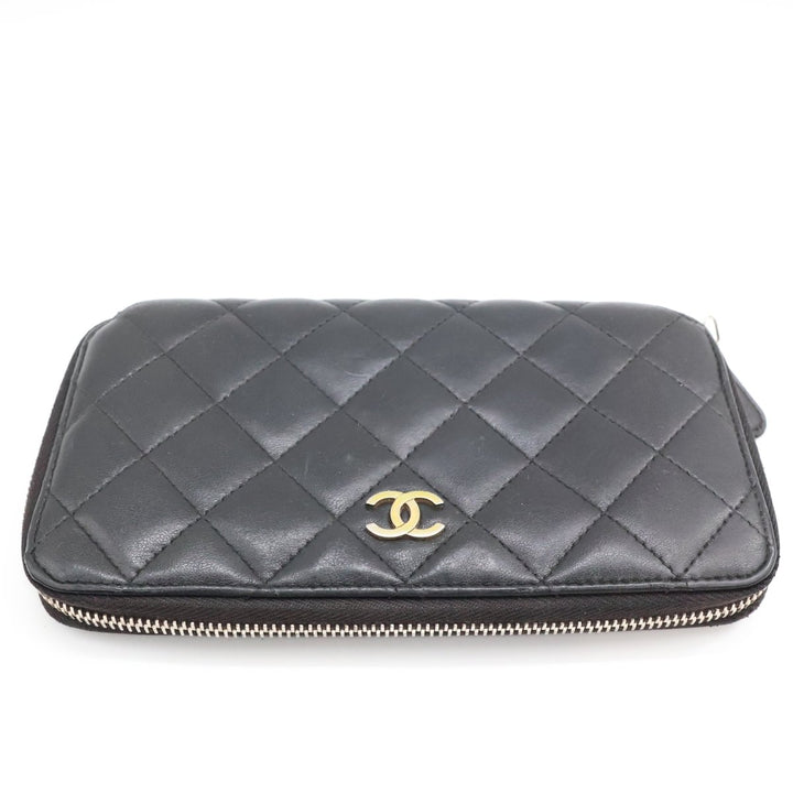 Chanel Zip Around Lambskin Black Wallet - Lux Central