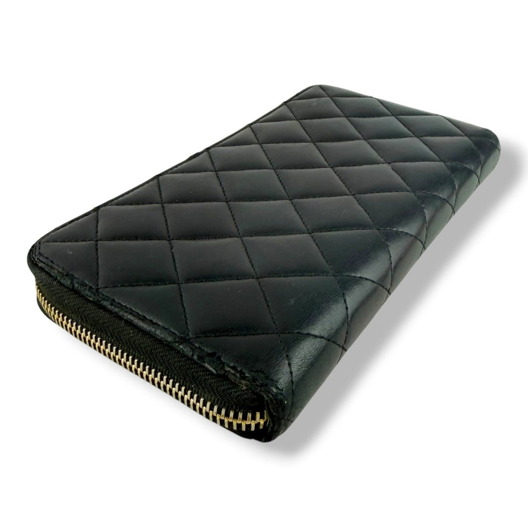 Chanel Zip Around Lambskin Black Wallet - Lux Central