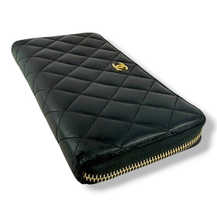 Chanel Zip Around Lambskin Black Wallet - Lux Central