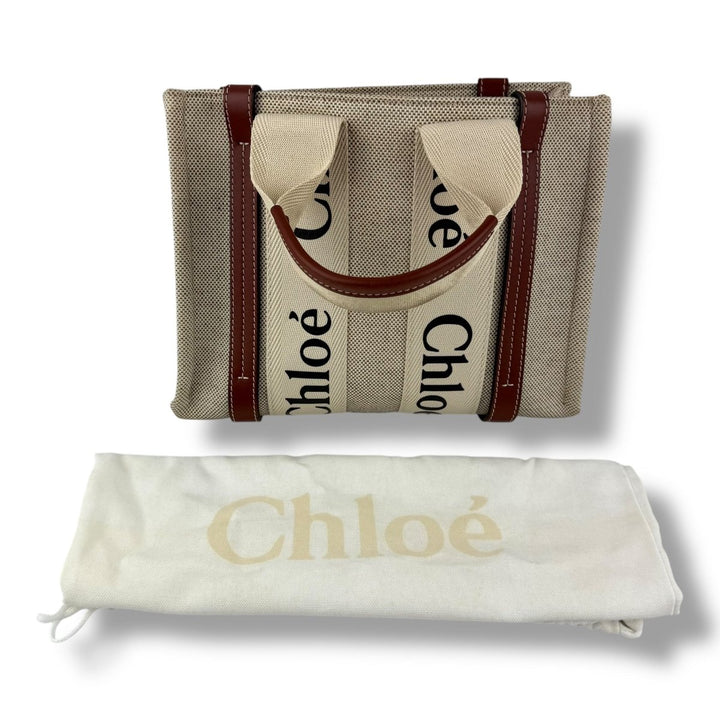Chloe Beige Woody Small Cotton Tote Handbag - Lux Central
