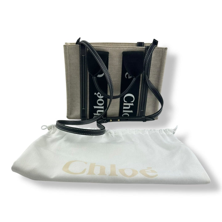 Chloe Beige/Black Woody Small Cotton Tote Handbag - Lux Central