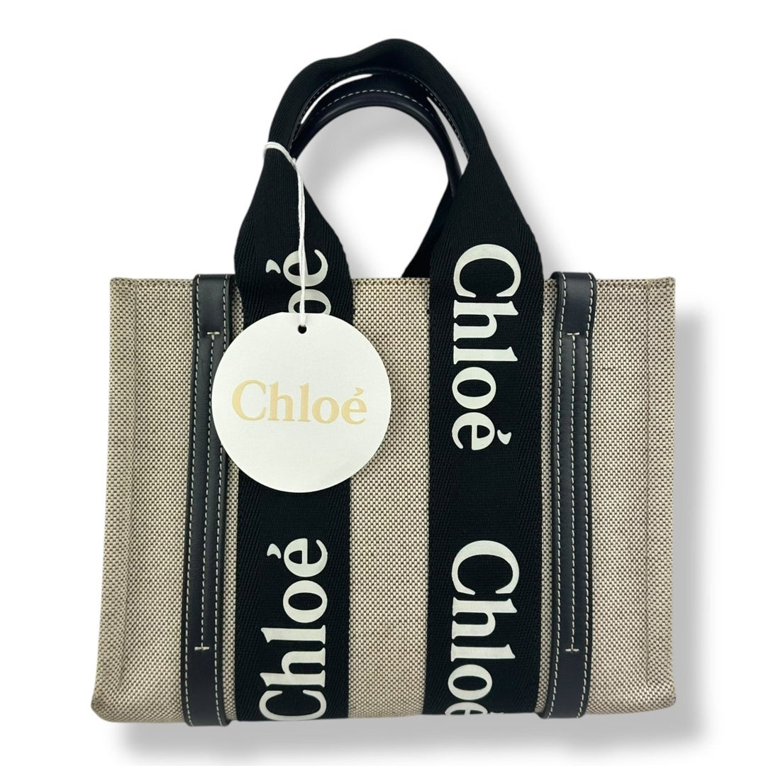 Chloe Beige/Black Woody Small Cotton Tote Handbag - Lux Central