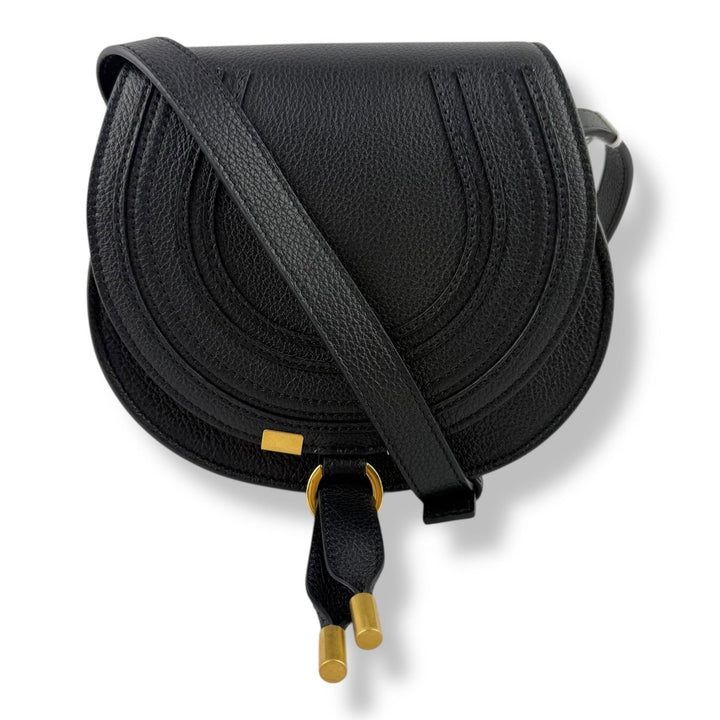 Chloe Marcie Small Grained Leather Saddle Black Handbag - Lux Central