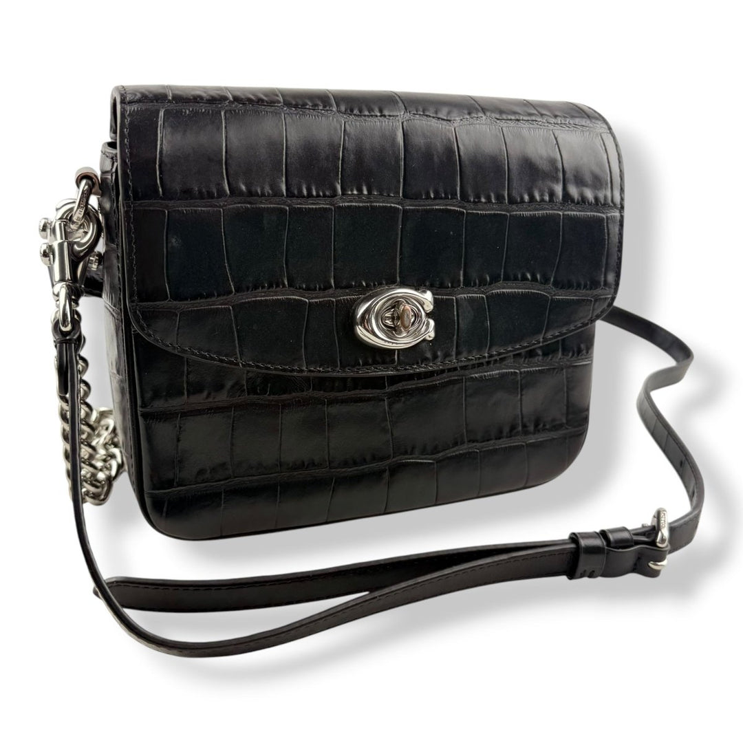 Coach Cassie 19 Black Croc Embossed Leather Handbag - Lux Central