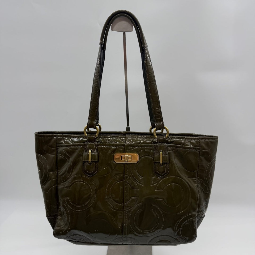 Coach Signature Khaki Patent Leather Shoulder Bag - Lux Central