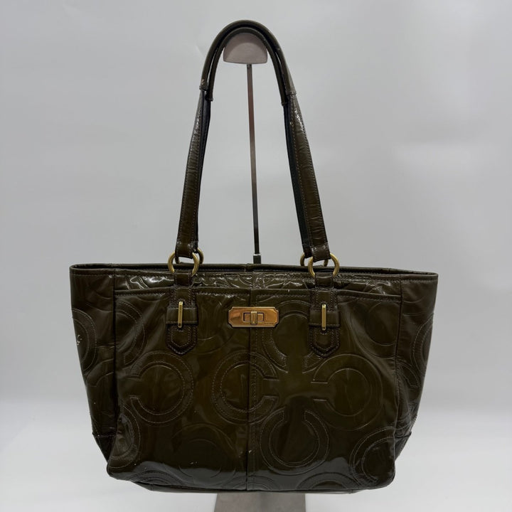 Coach Signature Khaki Patent Leather Shoulder Bag - Lux Central