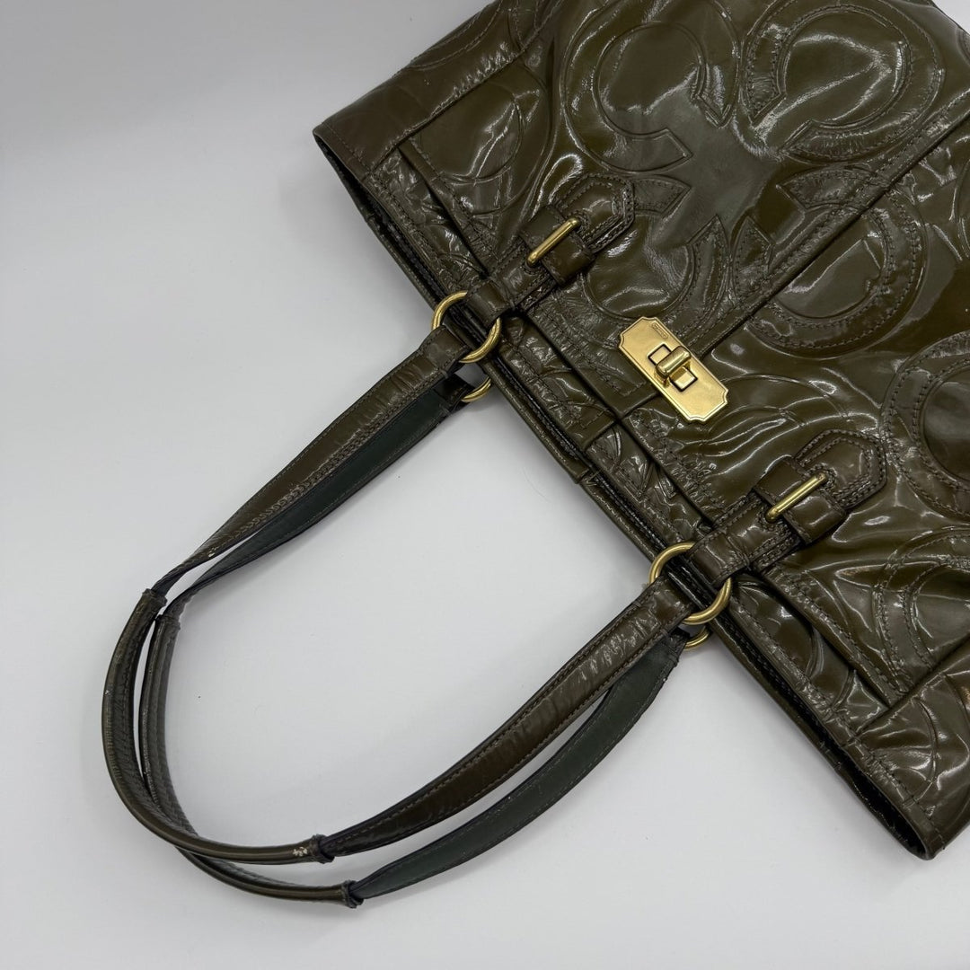 Coach Signature Khaki Patent Leather Shoulder Bag - Lux Central