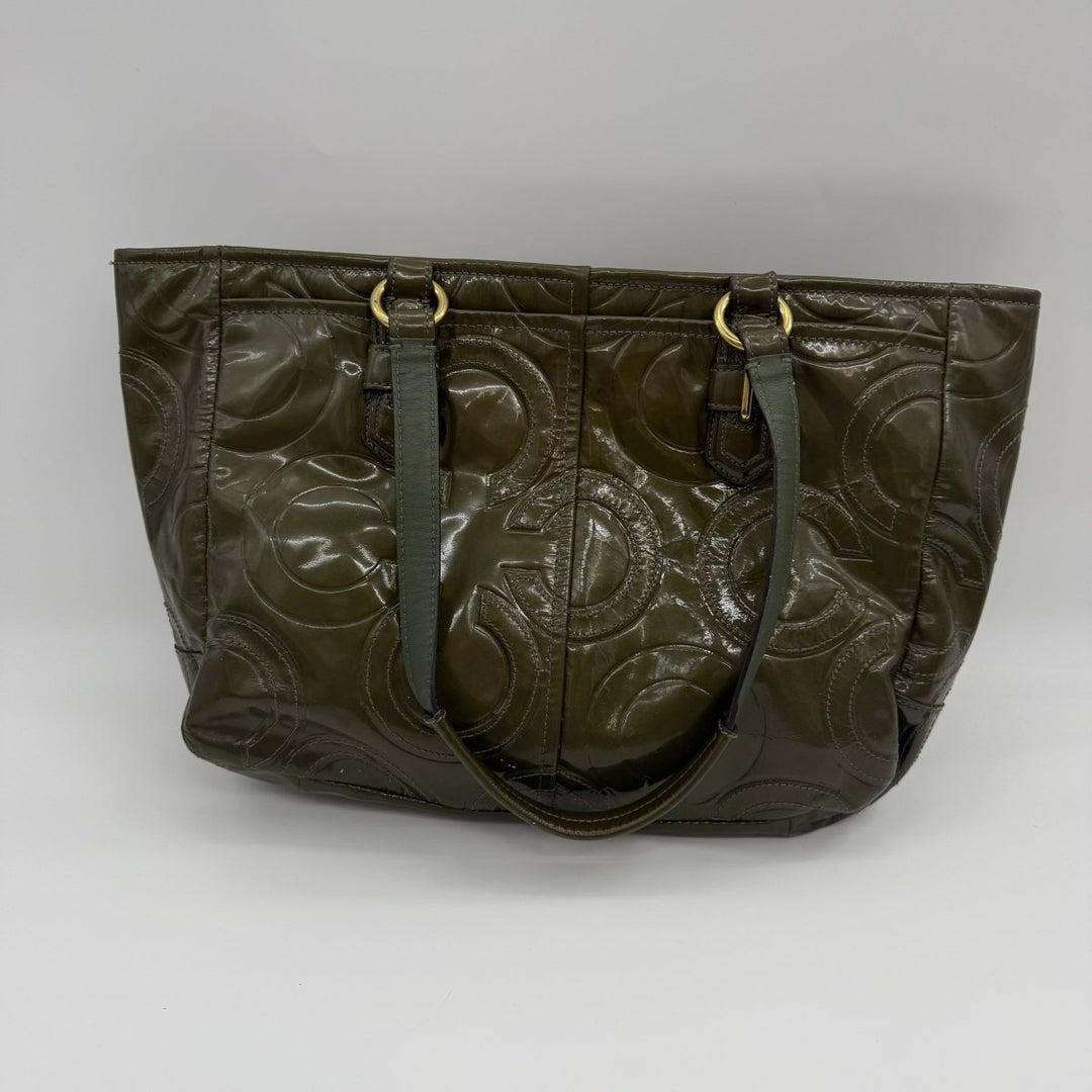 Coach Signature Khaki Patent Leather Shoulder Bag - Lux Central