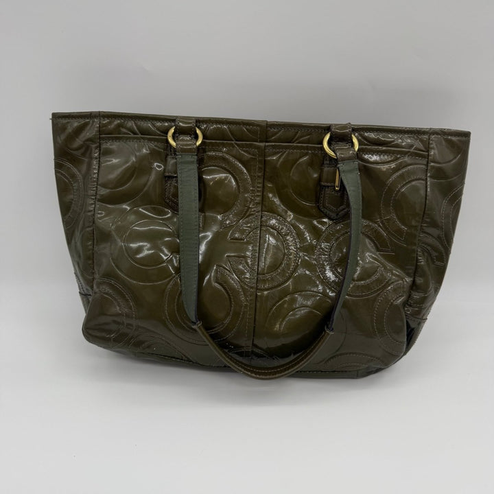 Coach Signature Khaki Patent Leather Shoulder Bag - Lux Central