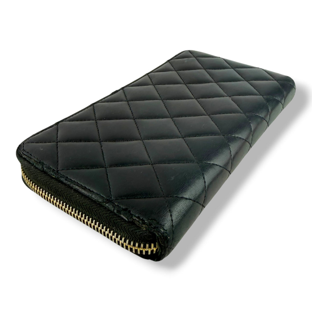 Chanel Zip Around Lambskin Black Wallet