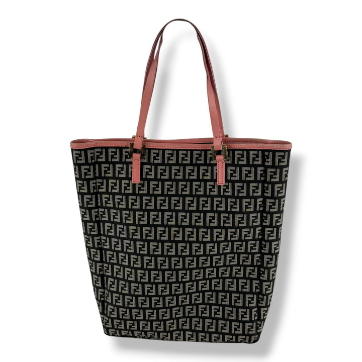 Fendi Zucchino Beige/Pink Monogram Tote Handbag W/ Clutch Bag