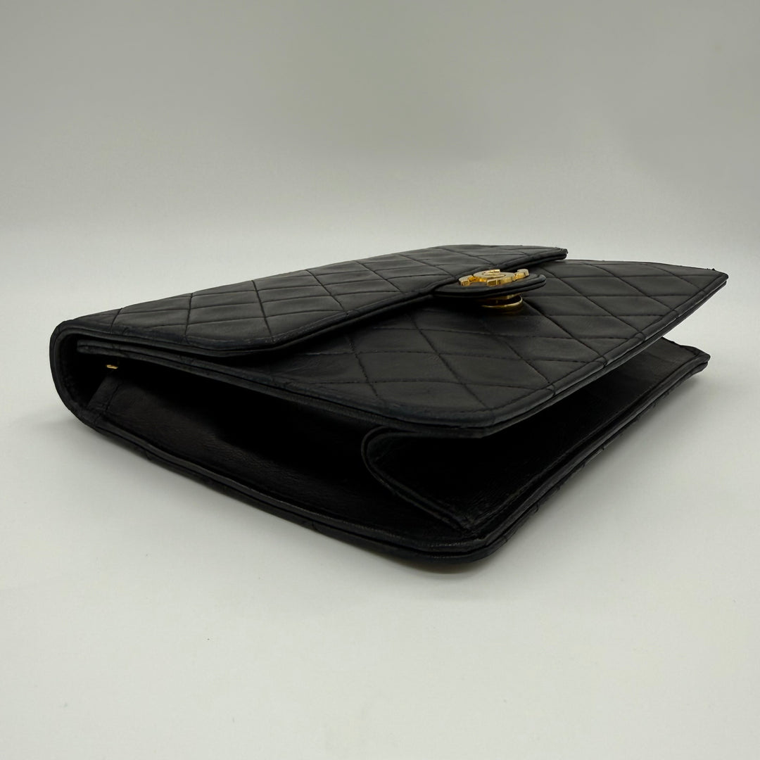 Chanel CC Black Push Lock Single Flap Quilted Lambskin Shoulder Handbag