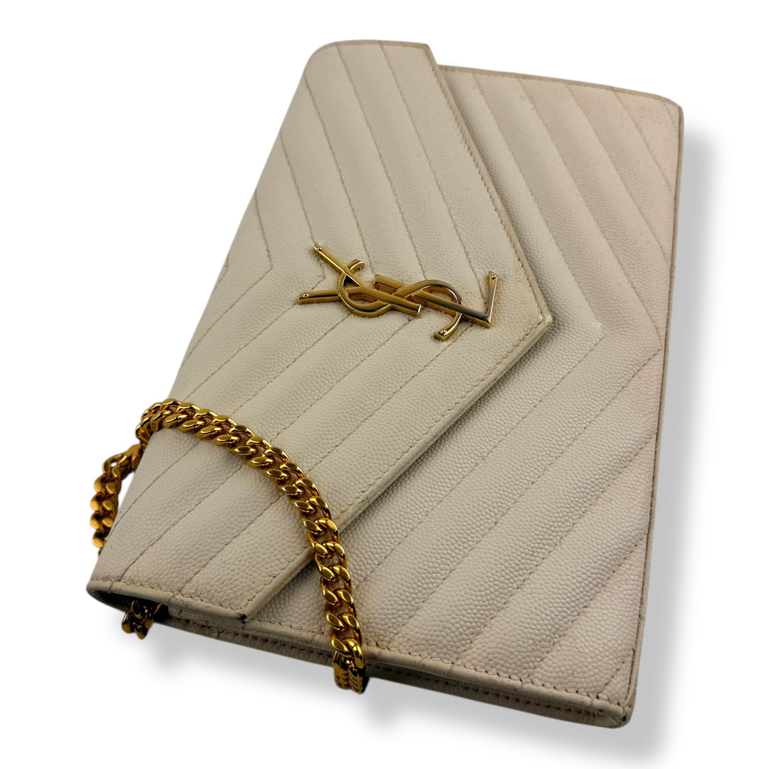 Saint Laurent YSL Matelasse White Leather Cassandre Wallet On Chain Handbag