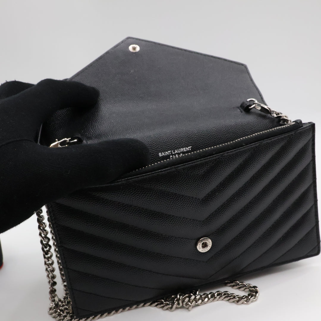 Saint Laurent YSL Black Grained Envelope Leather Wallet On Chain Handbag