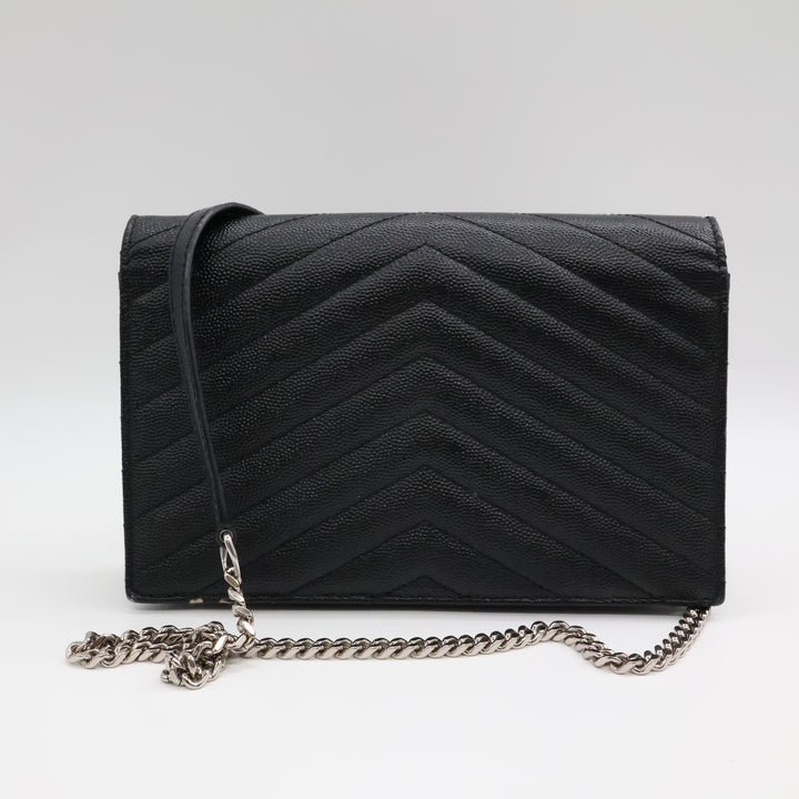 Saint Laurent YSL Black Grained Envelope Leather Wallet On Chain Handbag