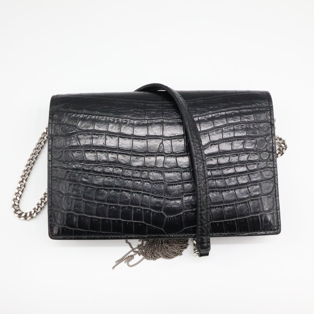 Saint Laurent YSL Black Croc Leather Kate Tassel Wallet On Chain Handbag