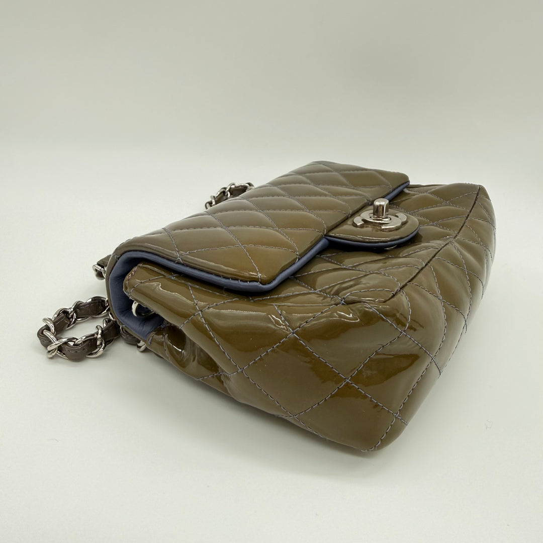 Chanel Mini Classic Flap Patent Leather Khaki Handbag