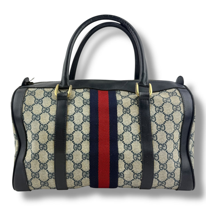 Gucci Navy /  Beige GG Monogram Boston Canvas Bag