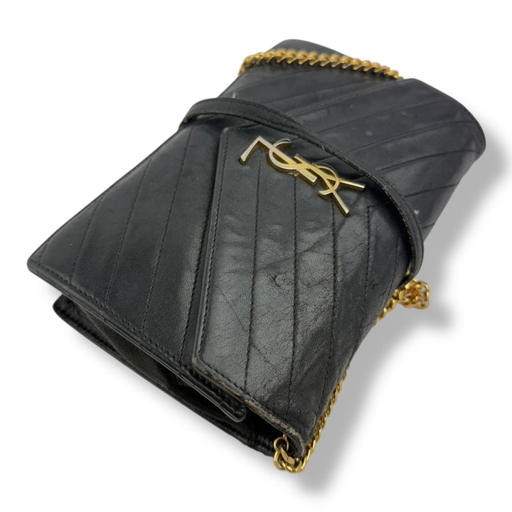 Saint Laurent YSL Black Envelope Leather Wallet On Chain Handbag